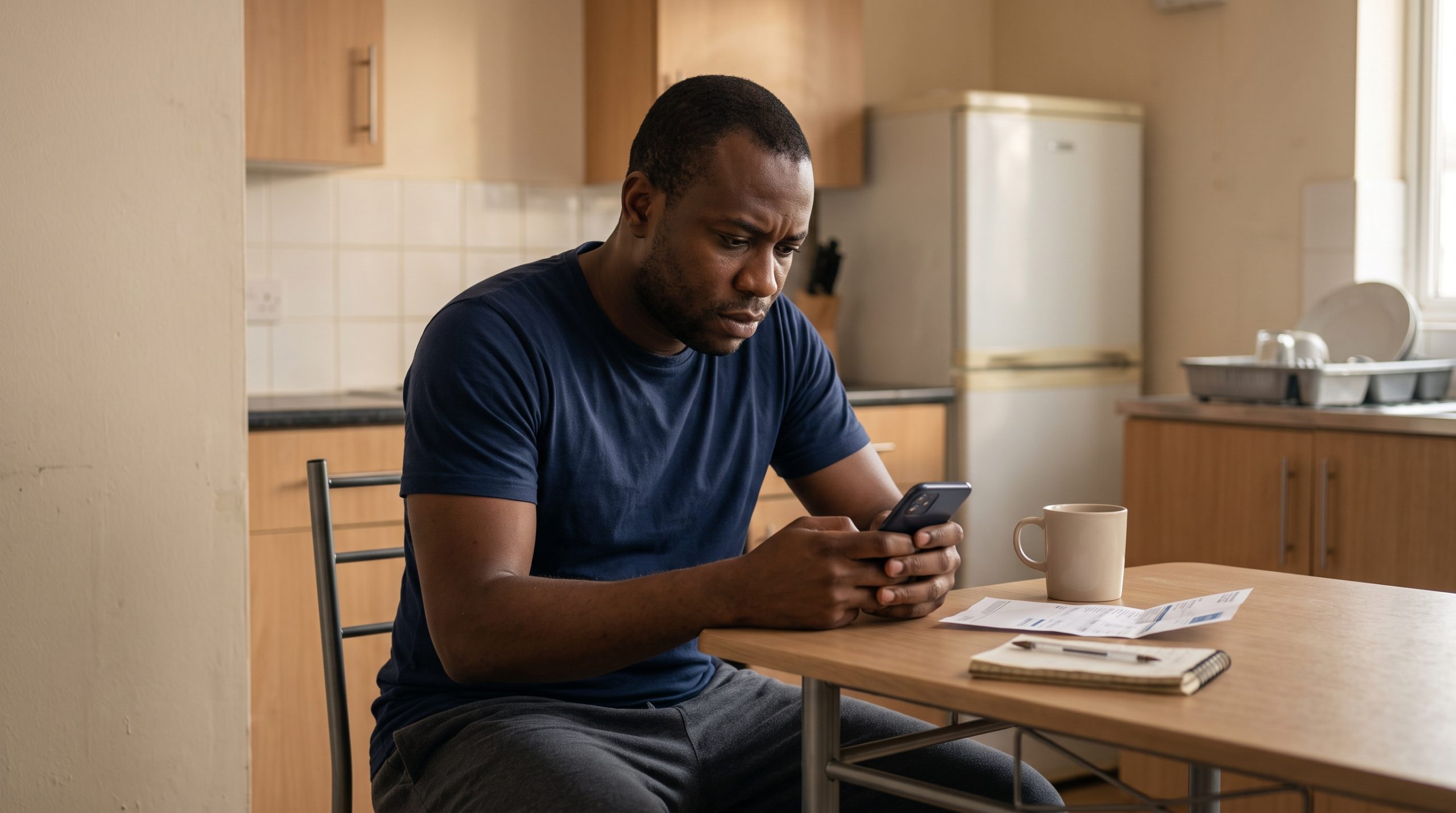 Person quietly checking their phone at a kitchen table in early-morning light