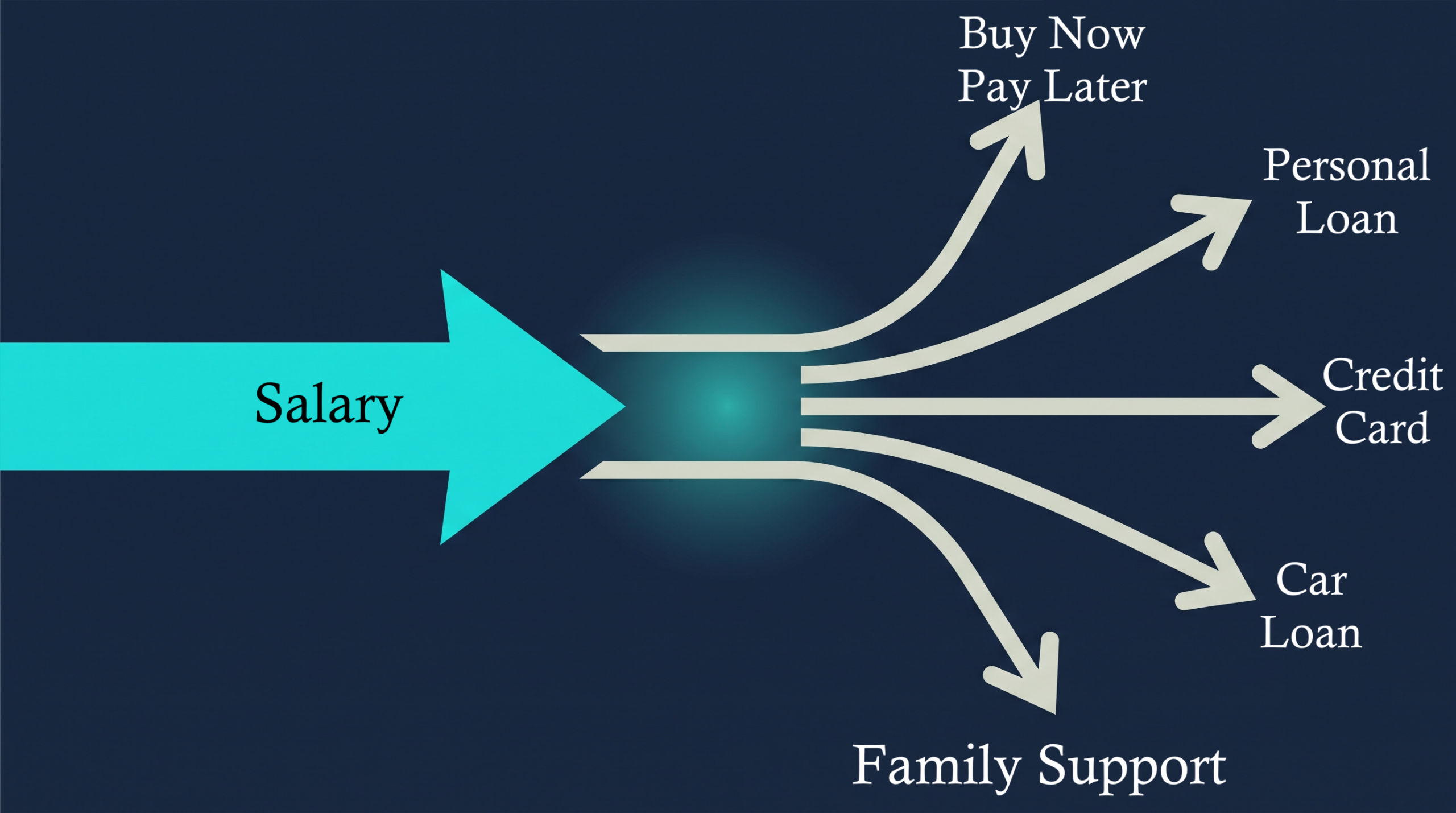 Diagram showing income flowing in and splitting into several debt payments flowing out, with a highlighted cash-flow gap