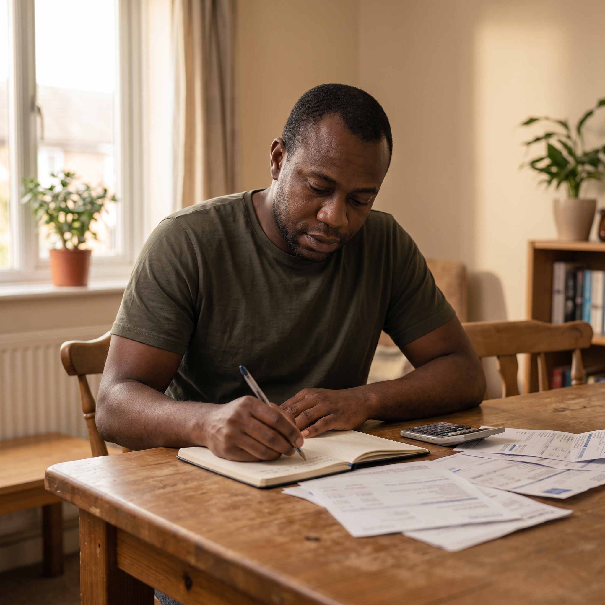 Person writing in a notebook at a table, facing their real numbers